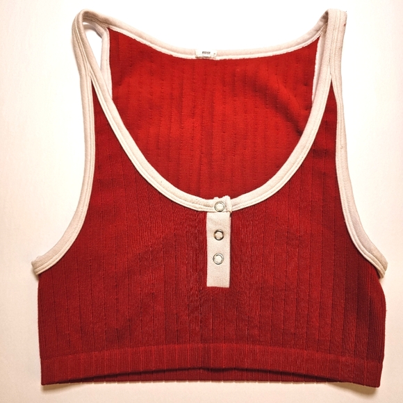 Red with white trim ribbed stretch knit crop tank top size S US - Picture 2 of 4
